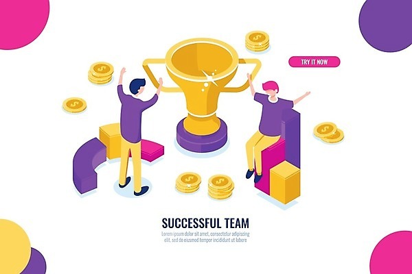 EPS 해외이미지 전신 남자 일러스트 앉기 성인 두명 만세 우승 트로피 동전탑 성인남자만 해외일러스트 모션 사람 쌓기 동전 최고 상_우승 남자만 성인만 파일형식 벡터 이미지허브