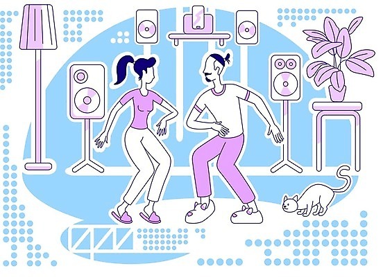 EPS 해외이미지 전신 라이프스타일 커플 여자 남자 화분 여유 하늘색 거실 일러스트 가족 휴식 조명 함께함 실내 성인 두명 일상 보라색 고양이 스피커 춤 즐거움 주말 커플댄스 성인만 반려묘 해외일러스트 감정 컬러 음향기기 컨셉 포유류 관계 문화예술 사람 내부 라이프 생활 파란색 반려동물 파일형식 벡터 이미지허브