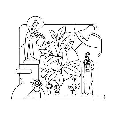 EPS 해외이미지 전신 식물 남자 꽃 화분 과학 일러스트 미래 조명 실험 들기 성인 두명 다이어리 물뿌리개 실험복 연구원 라인아트 물주기 성인남자만 해외일러스트 직업 선 컨셉 모션 사람 사무용품 가운 남자만 성인만 파일형식 벡터 이미지허브