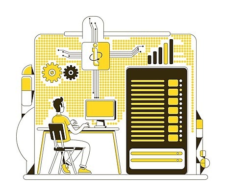 EPS 해외이미지 전신 남자 의자 일러스트 비즈니스 탁자 그래프 한명 앉기 성인 컴퓨터 노란색 자료 정보 타이핑 라인아트 톱니바퀴 성인남자한명만 해외일러스트 1 선 컬러 가구 모션 사람 전자제품 남자한명만 성인남자만 파일형식 벡터 이미지허브