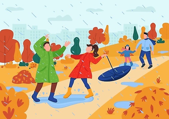 EPS 해외이미지 전신 여자 남자 어린이 일러스트 우산 단풍나무 손짓 소녀 여러명 성인 건물 손잡기 주황색 산책로 가을 풀 비 미끄러짐 웅덩이 우비 해외일러스트 자연요소 나무 식물 건축물 옷 계절 길 컬러 다수 단풍 모션 날씨 사람 파일형식 벡터 이미지허브