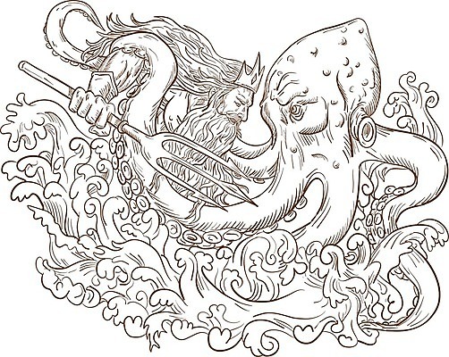 EPS 해외이미지 파도 바다 일러스트 잉크 그래픽 낙서 스케치 오징어 그림 싸움 손그림 문어 스크래치 신화 그리스인 핸드메이드 해외일러스트 서양인 모션 연체동물 미술 수중동물 파일형식 벡터 이미지허브