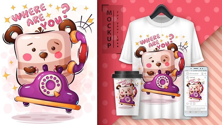 EPS 해외이미지 캐릭터 커피 티셔츠 일러스트 곰 사람없음 컵 반려동물 만화 그림 목업 해외일러스트 일러캐릭터 동물 식기 음료 셔츠 포유류 파일형식 벡터 이미지허브