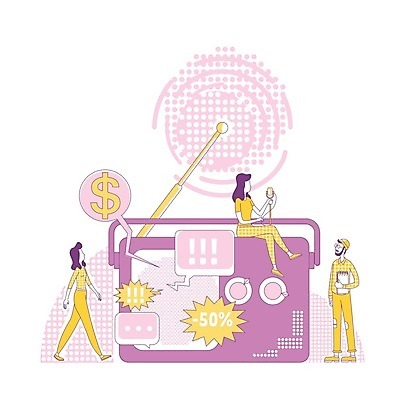 EPS 해외이미지 전신 여자 남자 말풍선 일러스트 비즈니스 앉기 성인 세명 노란색 세일 걷기 달러 보라색 라인아트 마이크 라디오 성인만 해외일러스트 선 컬러 음향기기 돈 모션 사람 전자제품 파일형식 벡터 이미지허브