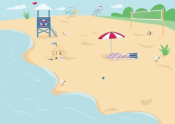 EPS 해외이미지 구름 일러스트 물놀이 갈매기 하늘 휴식 해변 사람없음 깃발 파라솔 네트 비치발리볼 연 돗자리 모래성 해외일러스트 자연요소 모래 스포츠 바다 컨셉 놀이 조류 놀이용품 비치볼 배구 파일형식 벡터 이미지허브