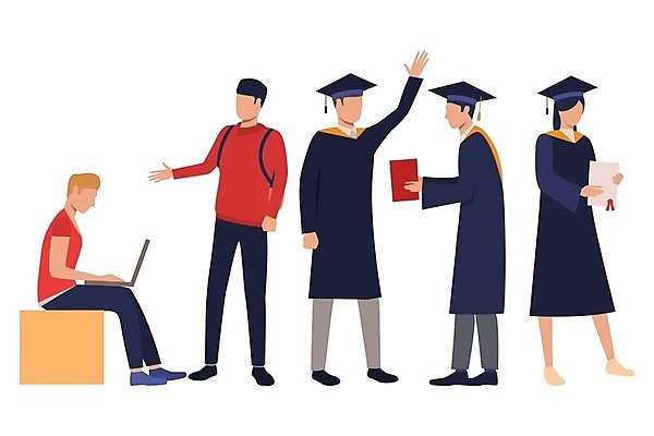 EPS 해외이미지 학생 여자 교육 남자 일러스트 학사모 졸업생 들기 여러명 성인 축하 졸업가운 졸업장 대학교 성인만 해외일러스트 모자_잡화 다수 컨셉 졸업 학교 모션 사람 가운 파일형식 벡터 이미지허브