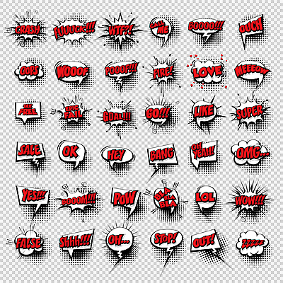 JPG 해외이미지 디자인 컨셉 말풍선 일러스트 텍스트 아이디어 타이포그라피 사람없음 세트 표현 만화 팝아트 코믹 카툰스타일 구성 엘리먼트 해외일러스트 문자 그림 파일형식 이미지허브