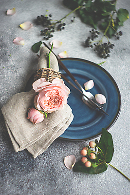 포토 JPG 해외이미지 식기 접시 포크 회색배경 사람없음 장미 나이프 꽃봉오리 냅킨 해외포토 꽃 백그라운드 회색 칼 파일형식 이미지허브