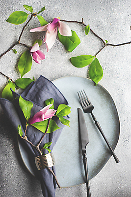 포토 JPG 해외이미지 접시 꽃 포크 회색배경 사람없음 나뭇가지 나이프 냅킨 해외포토 나무 식물 식기 백그라운드 회색 칼 파일형식 이미지허브