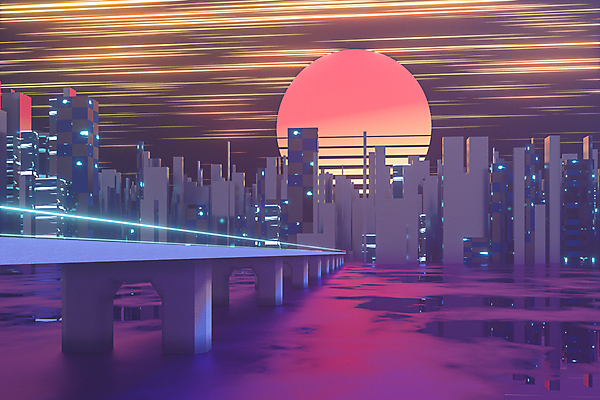 EPS 해외이미지 실루엣 일러스트 사람없음 건물 빛 강 태양 반사 고층빌딩 도시 네온 스카이라인 해외일러스트 자연요소 건축물 촬영기법 빌딩 파일형식 벡터 이미지허브