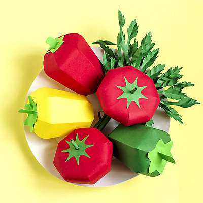 포토 JPG 해외이미지 접시 종이 토마토 피망 파프리카 실내 파슬리 사람없음 페이퍼아트 오브젝트 종이공예 노란배경 해외포토 식기 백그라운드 채소 내부 노란색 공예 파일형식 이미지허브