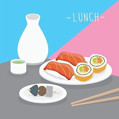 EPS 해외이미지 접시 일러스트 젓가락 사람없음 병 찻잔 어묵꼬치 점심 점심식사 롤스시 연어초밥 해외일러스트 식기 잔 수저 식사 초밥 꼬치 어묵 연어 일본음식 파일형식 벡터 이미지허브