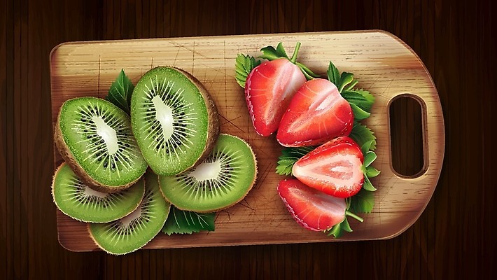 EPS 해외이미지 라이프스타일 일러스트 재료 딸기 디저트 키위 사람없음 슬라이스 나무도마 해외일러스트 음식 과일 도마 생활 목재 파일형식 벡터 이미지허브