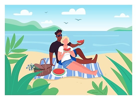 EPS 해외이미지 구름 접시 여자 남자 꽃 일러스트 물놀이 하늘 휴식 수박 들기 성인 해변 두명 선글라스 바구니 풀잎 먹기 돗자리 성인만 해외일러스트 자연요소 식물 식기 안경 바다 컨셉 잎 과일 모션 놀이 사람 풀_식물 파일형식 벡터 이미지허브