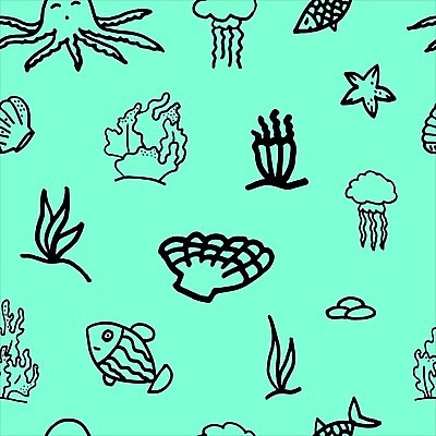 EPS 해외이미지 바다 패턴 일러스트 불가사리 어류 껍질 해조류 산호 낙서 문어 암초 해외일러스트 무늬 극피동물 연체동물 수중동물 해양식물 자포동물 파일형식 벡터 이미지허브