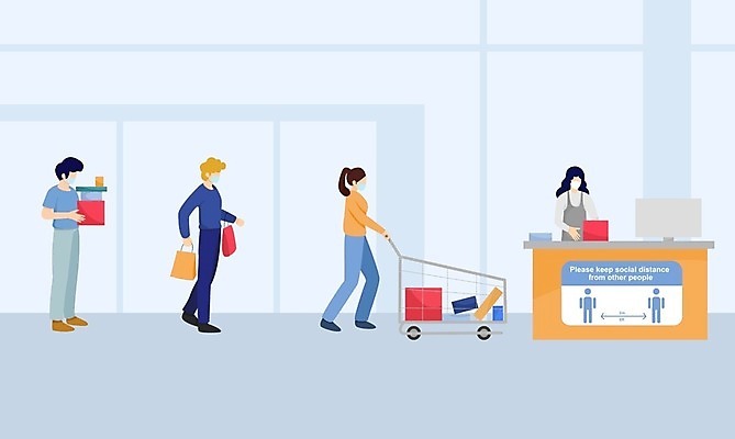 EPS 해외이미지 잡화 남자 선 음식 일러스트 비즈니스 거리 건강 가면 안전 사람 상점 펼침 대기 시장 바이러스 보호 질병 만화 고객 예방 감염 슈퍼마켓 고립 소셜 전염병 체크아웃 해외일러스트 컨셉 의학 모션 파일형식 벡터 이미지허브