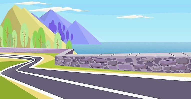 EPS 해외이미지 주간 나무 구름 바다 백그라운드 일러스트 하늘 산 돌담 풍경 사람없음 야외 여름 고속도로 커브길 해안도로 해외일러스트 자연요소 식물 계절 도로 담장 돌_바위 파일형식 벡터 이미지허브