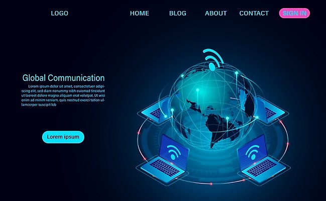 EPS 해외이미지 인터넷 일러스트 비즈니스 미래 사람없음 파란색 노트북 글로벌 지구본 3D 디지털 자료 연결 와이파이 해외일러스트 컬러 컨셉 전자제품 디지털합성 무선인터넷 파일형식 벡터 이미지허브