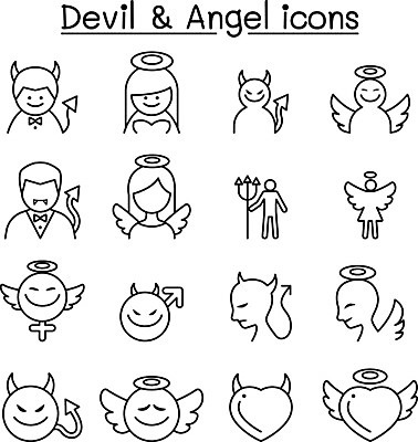 EPS 해외이미지 디자인 실루엣 선 컨셉 일러스트 천사 요정 뿔 이야기 소년 그래픽 빛 세트 픽토그램 어둠 하트 죽음 최고 행운 영혼 성자 유령 악마 귓속말 수집 문신 심볼 천국 나쁜 거짓말 고립 얇은 지옥 스타일 해외일러스트 모양 남자 종교 어린이 촬영기법 파일형식 벡터 이미지허브