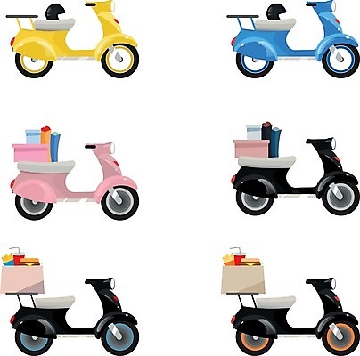 EPS 해외이미지 디자인 일러스트 사람없음 세트 스쿠터 오토바이 배달원 서비스 배달용 해외일러스트 직업 바이크 배송 파일형식 벡터 이미지허브