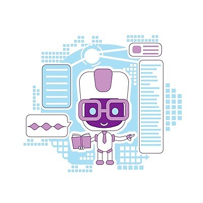 EPS 해외이미지 캐릭터 교육 하늘색 말풍선 일러스트 들기 사람없음 책 학습 보라색 로봇 안경낌 AI_인공지능 해외일러스트 일러캐릭터 안경 컬러 모션 파란색 파일형식 벡터 이미지허브