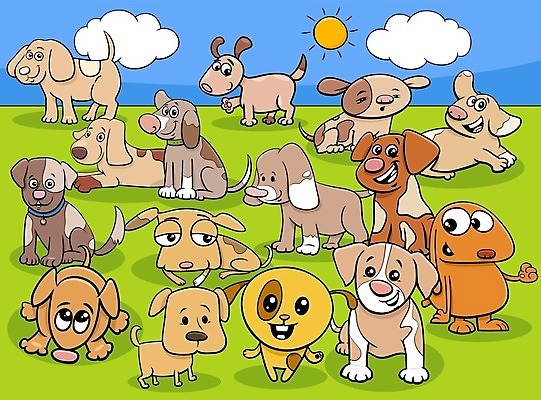 EPS 해외이미지 구름 일러스트 초원 사람없음 세트 태양 귀여움 강아지 만화 심플 해외일러스트 자연요소 컨셉 반려동물 개 파일형식 벡터 이미지허브