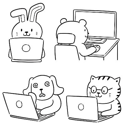 EPS 해외이미지 클립아트 동물 선 의자 라인일러스트 일러스트 비즈니스 곰 탁자 노동자 직장 노트북 컴퓨터 사무실 공책 고양이 토끼 타이핑 업무 그리기 개 낙서 만화 스케치 책상 그림 클립 심플 손그림 비서 지원 해외일러스트 직업 가구 회사 포유류 모션 문구용품 미술 전자제품 반려동물 작업 파일형식 벡터 생활용품 문화예술 오브젝트 이미지허브