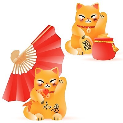 EPS 해외이미지 일러스트 어류 들기 사람없음 손들기 귀여움 동전 주황색 부채 행운 돈자루 고양이캐릭터 마네키네코 해외일러스트 컬러 동물캐릭터 컨셉 돈 모션 고양이 수중동물 일본전통 파일형식 벡터 이미지허브