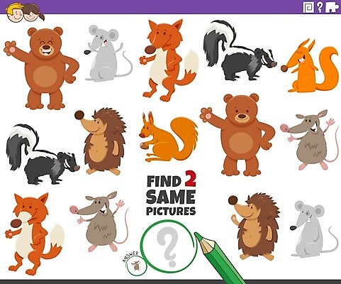 EPS 해외이미지 동물 캐릭터 디자인 교육 야생동물 어린이 일러스트 곰 그래픽 유치원 시험 게임 쌍 퍼즐 어플리케이션 쥐 만화 검색 준비 그림 다람쥐 여우 문제집 발견 똑같은 해외일러스트 일러캐릭터 포유류 놀이 사람 책 설치류 파일형식 벡터 이미지허브