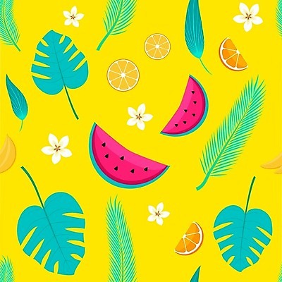 EPS 해외이미지 식물 꽃 백그라운드 잎 꽃무늬 패턴 오렌지 과일 일러스트 자연 귤 수박 바나나 손바닥 초록색 노란색 정원 직물 플랫 질감 하와이 이국적 파라다이스 해외일러스트 손 컬러 무늬 미국 생태계 파일형식 벡터 이미지허브