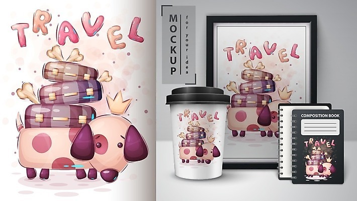 EPS 해외이미지 캐릭터 커피 여행 일러스트 사람없음 책 컵 반려동물 여행가방 차 강아지 만화 그림 목업 해외일러스트 일러캐릭터 동물 식기 음료 가방 개 파일형식 벡터 이미지허브