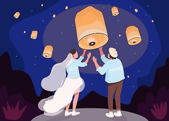 EPS 해외이미지 전신 부부 여자 남자 웨딩드레스 결혼 일러스트 밤하늘 결혼식 면사포 풍경 성인 두명 빛 커플룩 신랑신부 풍등 풍등날리기 성인만 해외일러스트 커플 드레스 옷 신부_웨딩 신랑 하늘 조명 사람 이벤트 야간 결혼소품 파일형식 벡터 풍등축제 이미지허브