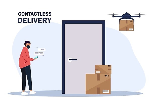 EPS 해외이미지 전신 남자 일러스트 마스크 한명 들기 안전 사람 성인 스마트폰 상자 쌓기 문 화물 배달원 배송 서비스 택배 현관문 택배상자 드론 성인남자한명만 무인택배 비대면서비스 해외일러스트 직업 1 모션 핸드폰 스마트기기 운송업 무인기계 남자한명만 성인남자만 파일형식 벡터 언택트 이미지허브