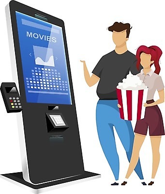 EPS 해외이미지 디자인 커플 여자 남자 일러스트 들기 사람 성인 두명 터치 티켓 영화관 극장 고객 영화 팝콘 시스템 셀프 영화극장 키오스크 성인만 해외일러스트 관계 모션 문화예술 파일형식 벡터 이미지허브