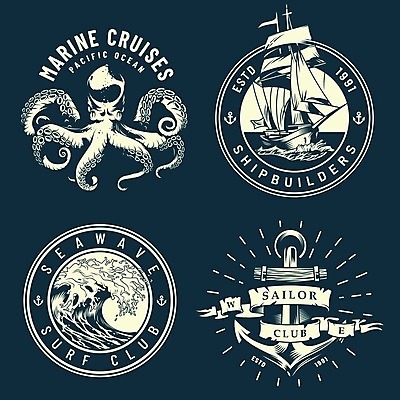 EPS 해외이미지 디자인 파도 일러스트 사람없음 빈티지 원형 남색 심볼 문어 닻 해외일러스트 도형 바다 컬러 컨셉 연체동물 수중동물 파일형식 벡터 이미지허브