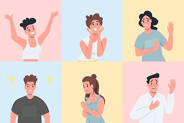 EPS 해외이미지 백인 디자인 여자 남자 행복 감정 일러스트 스트레스 사람 여러명 성인 기쁨 슬픔 분노 표현 무서움 흥분 긴장 성인만 해외일러스트 서양인 다수 파일형식 벡터 이미지허브