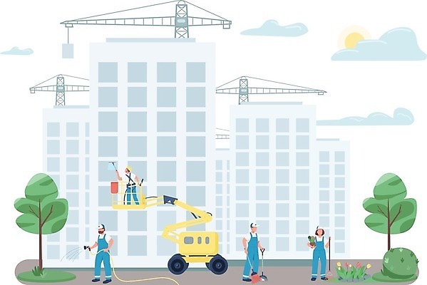 EPS 해외이미지 백인 디자인 여자 남자 일러스트 사람 여러명 성인 포크레인 청소 직원 물주기 원예 청소부 창문닦기 성인만 해외일러스트 서양인 직업 다수 모션 취미 중장비 닦기 파일형식 벡터 이미지허브