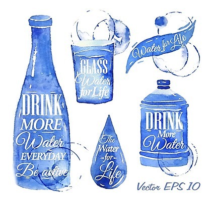 EPS 해외이미지 일러스트 수채화 사람없음 물 파란색 물방울 물병 물컵 손그림 엘리먼트 해외일러스트 자연요소 컬러 컵 물통 파일형식 벡터 이미지허브
