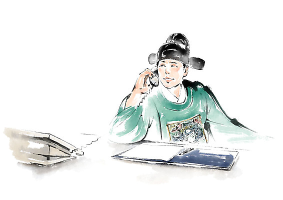 PSD 응시 남자 일러스트 비즈니스 캘리그라피 붓터치 한명 미소 사람 상반신 성인 한국인 한복 전화기 책상 문서 번짐 통화 관복 사모관대 서류판 성인남자한명만 국내일러스트 1 한국전통 시선 가구 모션 표정 동양인 사무용품 전통의상 남자한명만 성인남자만 파일형식 효과