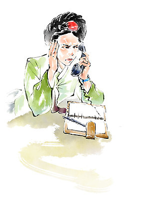 PSD 여자 일러스트 비즈니스 캘리그라피 붓터치 한명 사람 상반신 성인 펜 다이어리 한국인 찡그림 한복 수화기 올림머리 번짐 통화 심각 성인여자한명만 국내일러스트 1 한국전통 헤어스타일 컨셉 모션 표정 동양인 필기구 사무용품 전통의상 전화기 여자한명만 성인여자만 파일형식 효과