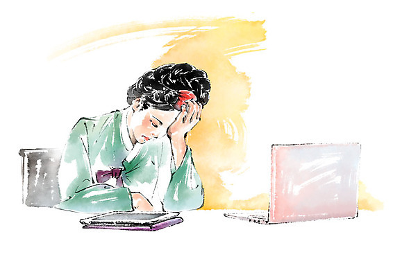 PSD 여자 의자 일러스트 비즈니스 캘리그라피 붓터치 한명 사람 앉기 상반신 성인 노트북 태블릿 한국인 좌절 한복 책상 고민 올림머리 번짐 성인여자한명만 국내일러스트 1 한국전통 헤어스타일 감정 가구 컨셉 모션 동양인 전자제품 스마트기기 전통의상 여자한명만 성인여자만 파일형식 효과