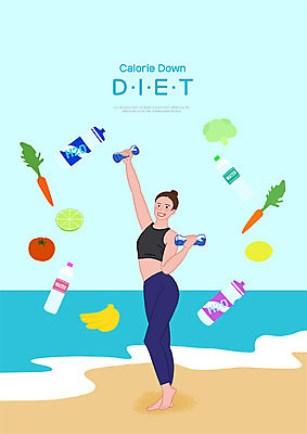 전신 PSD 여자 바다 포즈 다이어트 채소 과일 일러스트 한명 미소 들기 사람 성인 해변 운동복 운동 아령 물병 저칼로리 저칼로리식단 성인여자한명만 국내일러스트 1 옷 모션 표정 건강 물통 식단 여자한명만 성인여자만 파일형식