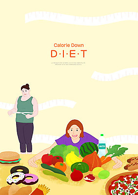 전신 PSD 여자 다이어트 채소 과일 일러스트 피자 줄자 미소 사람 상반신 성인 두명 운동복 햄버거 도넛 치수재기 감싸기 울상 저칼로리 성인여자만 국내일러스트 옷 모션 디저트 패스트푸드 서양음식 표정 자 건강 여자만 성인만 파일형식