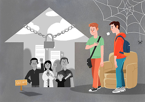 전신 PSD 여자 남자 어린이 중년 일러스트 주택 자물쇠 사람 여러명 상반신 청년 성인 소파 희망 잠김 금지 좌절 한숨 쇠사슬 거미줄 반대 보금자리 성인만 국내일러스트 감정 다수 컨셉 의자 건물 파일형식