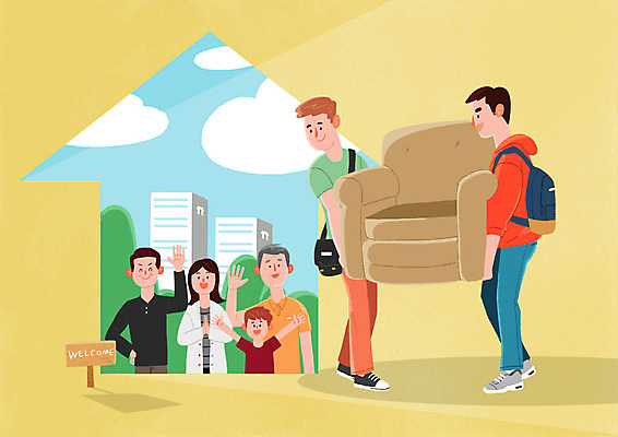 전신 PSD 여자 남자 어린이 중년 일러스트 주택 미소 들기 사람 여러명 상반신 청년 성인 소파 손들기 희망 인사 운반 환영 이삿짐 보금자리 성인만 국내일러스트 감정 다수 의자 모션 표정 건물 예절 이사 파일형식