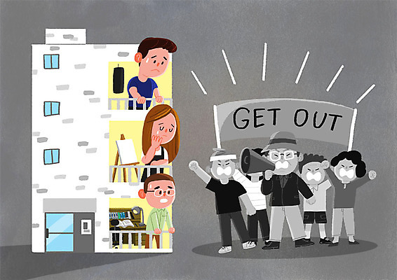 전신 PSD 여자 남자 중년 일러스트 아파트 사람 여러명 상반신 청년 확성기 희망 외침 분노 좌절 반대 이웃 곤란 보금자리 분양 어려움 주민 집회 성인만 국내일러스트 감정 다수 컨셉 부동산 주택 성인 소리 파일형식