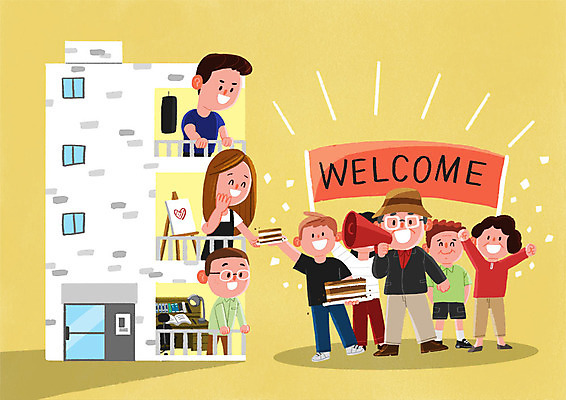 전신 PSD 여자 남자 중년 일러스트 사람 여러명 상반신 청년 확성기 희망 외침 기쁨 감사 환영 이웃 반가움 보금자리 주민 성인만 국내일러스트 감정 다수 성인 소리 파일형식