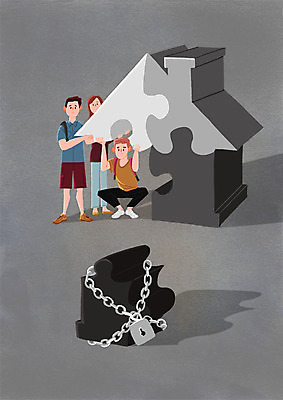 전신 PSD 여자 남자 일러스트 주택 자물쇠 사람 청년 세명 희망 퍼즐 좌절 쇠사슬 묶기 한조각 곤란 보금자리 성인만 국내일러스트 1 감정 컨셉 모션 성인 건물 파일형식