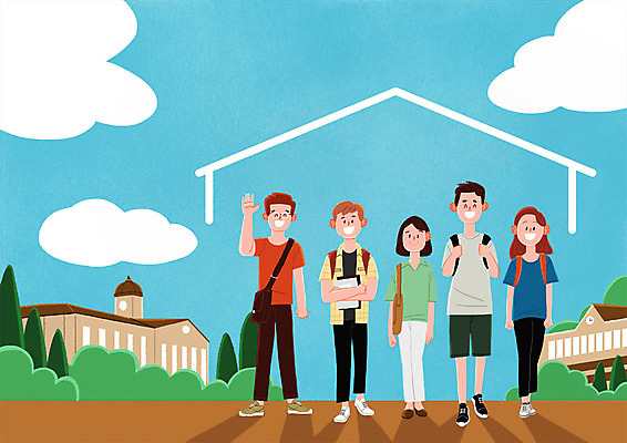 전신 PSD 여자 남자 일러스트 서기 미소 사람 여러명 청년 희망 기쁨 대학교 교정 기숙사 보금자리 청년만 성인만 국내일러스트 감정 다수 학교 모션 숙소 표정 성인 파일형식