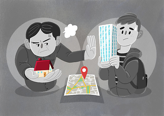 PSD 남자 중년 지도 일러스트 아파트 주택 사람 상반신 청년 두명 희망 분노 위치 반대 이웃 보금자리 분양 주민 성인남자만 국내일러스트 감정 부동산 성인 건물 남자만 성인만 파일형식